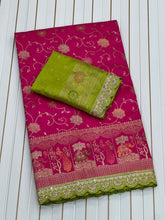 Banarasi Silk Saree in Rani Pink with Green Blouse & Golden Zari Weaving